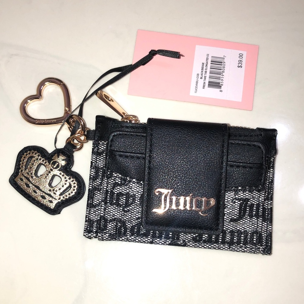 Juicy Couture Black Beige Fresh Take Tab Elongated CC Wallet Crown Charm NWT